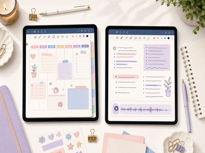 Planner-first comparison showing a PDF calendar layout beside a note-taking and audio-note workflow
