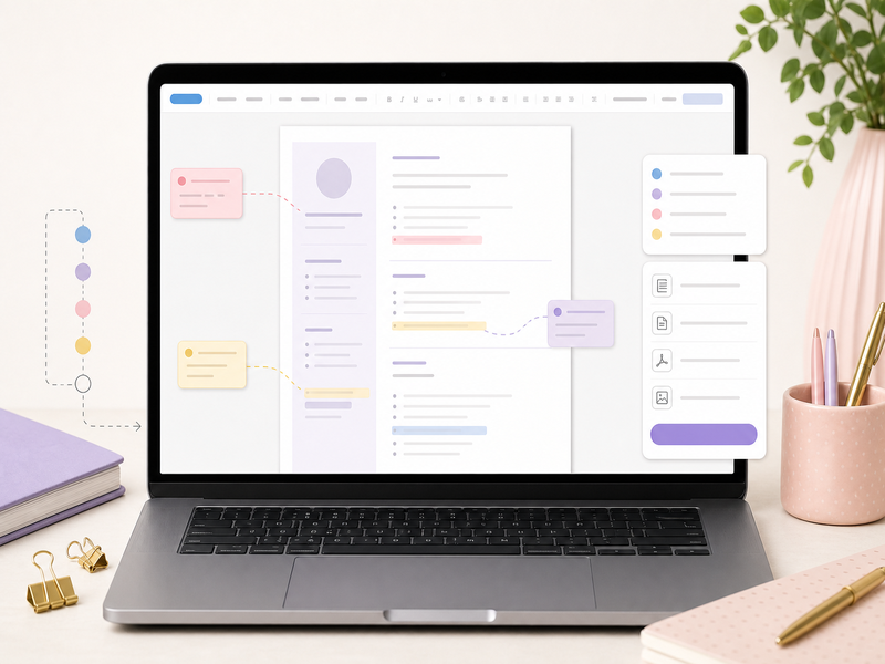 Google Docs resume template export workflow showing final review, file format, and download steps