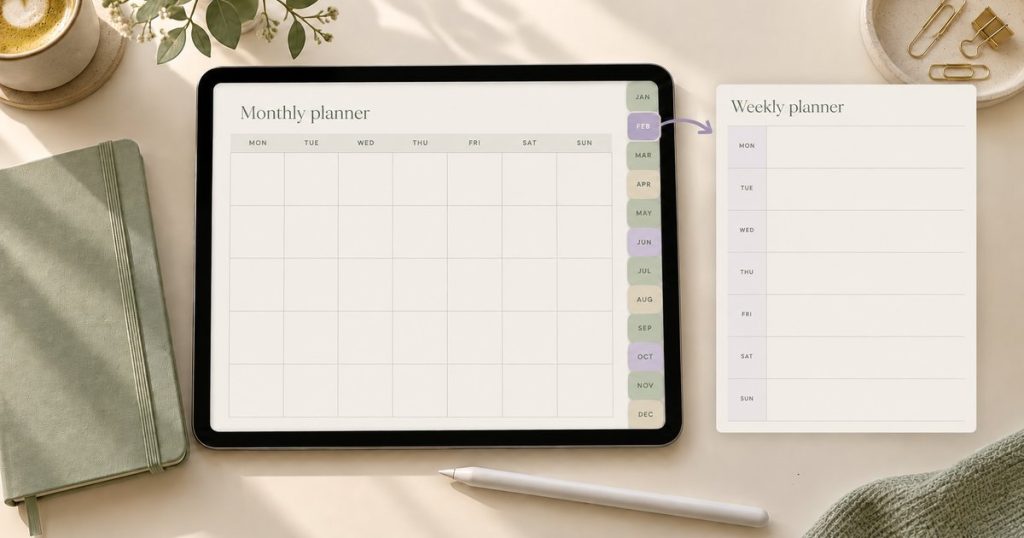Hyperlinked digital planner illustration with monthly tabs and an arrow to a weekly layout
