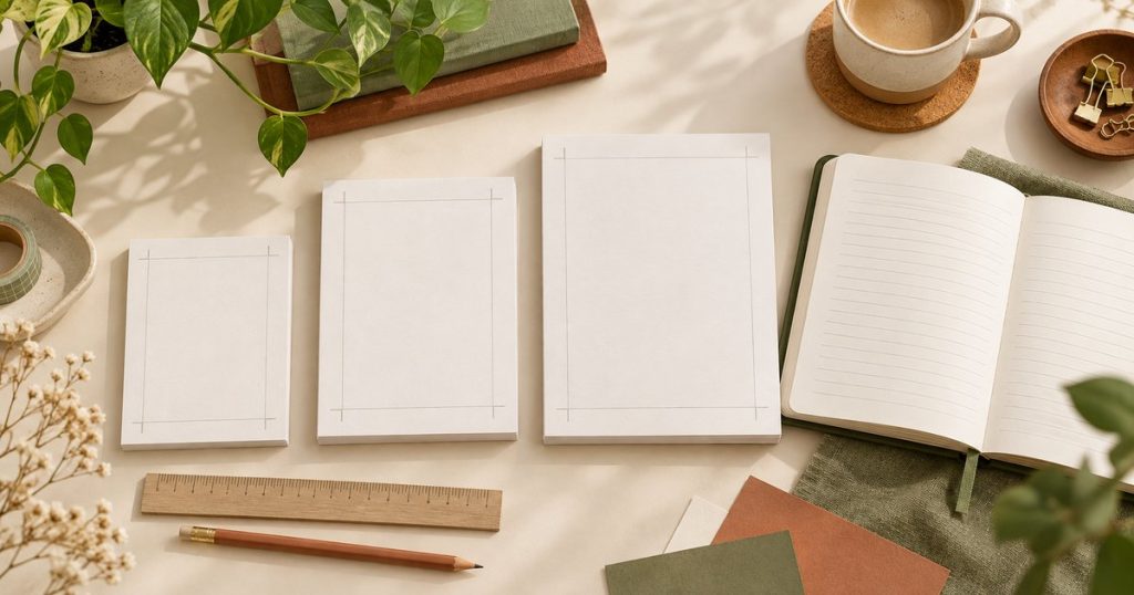 Open KDP journal interior with page layout guides, ruler and pencil