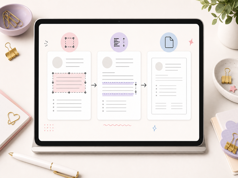 Step-by-step resume editing workflow from selecting a block to an export-ready page