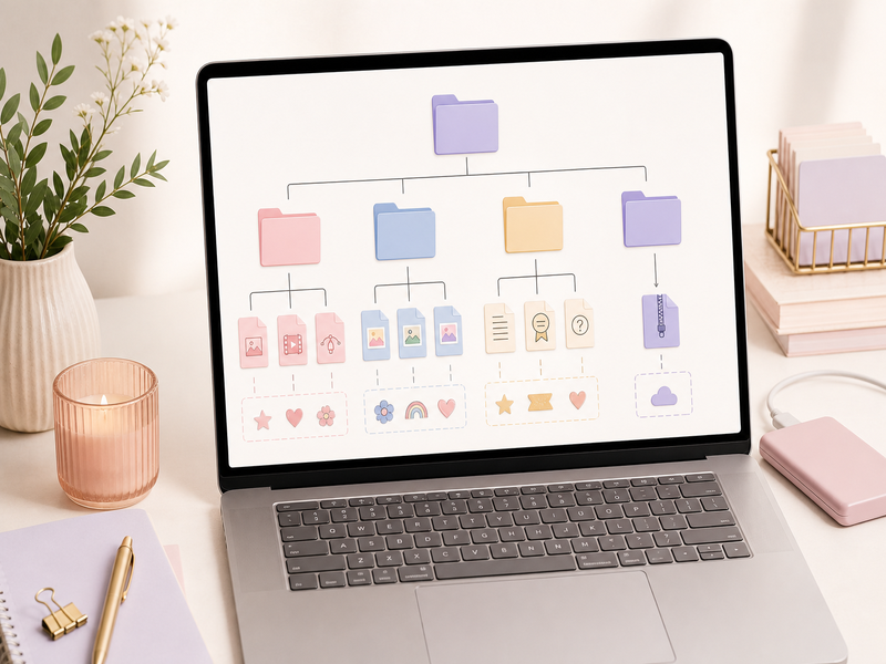 Digital product file folder hierarchy with source files, previews, documentation, and a delivery package