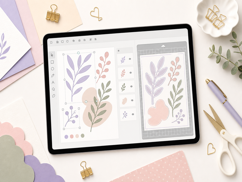 SVG import, editable layers, and separate cutting-mat pieces shown in one workflow