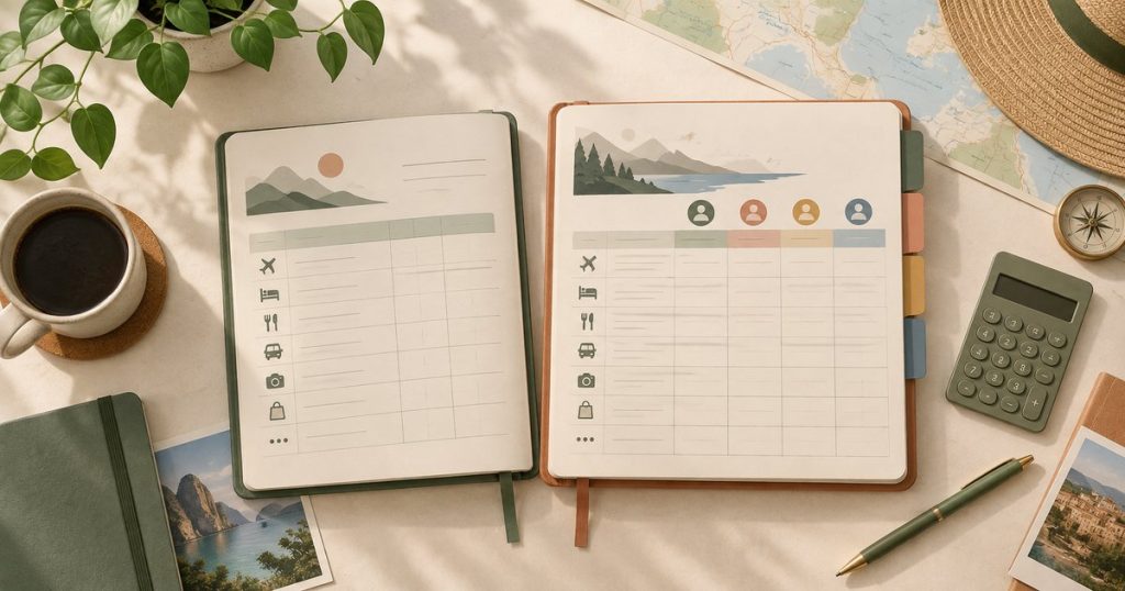 Travel expense tracker sheets with a map, pen and trip-planning essentials