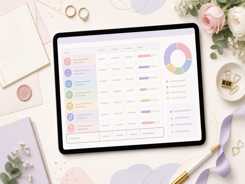 Wedding budget spreadsheet with category rows, progress bars, and a budget chart