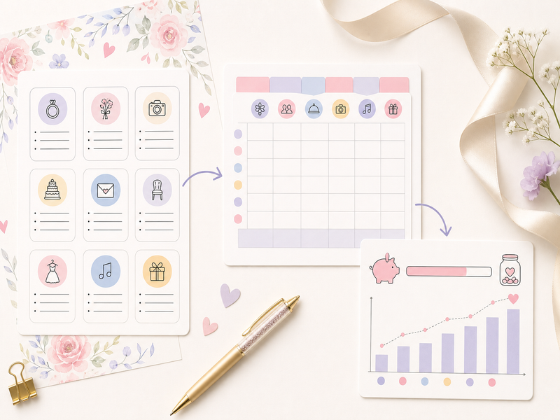 Wedding budget workflow from categories to monthly totals and savings progress