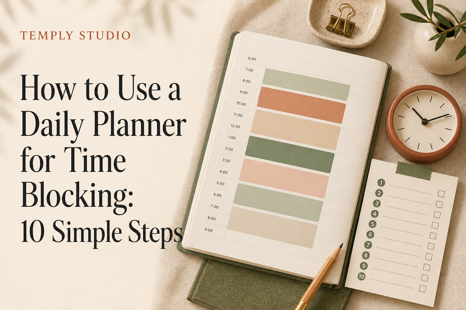 Daily planner page arranged into flexible time blocks with a pencil and task card