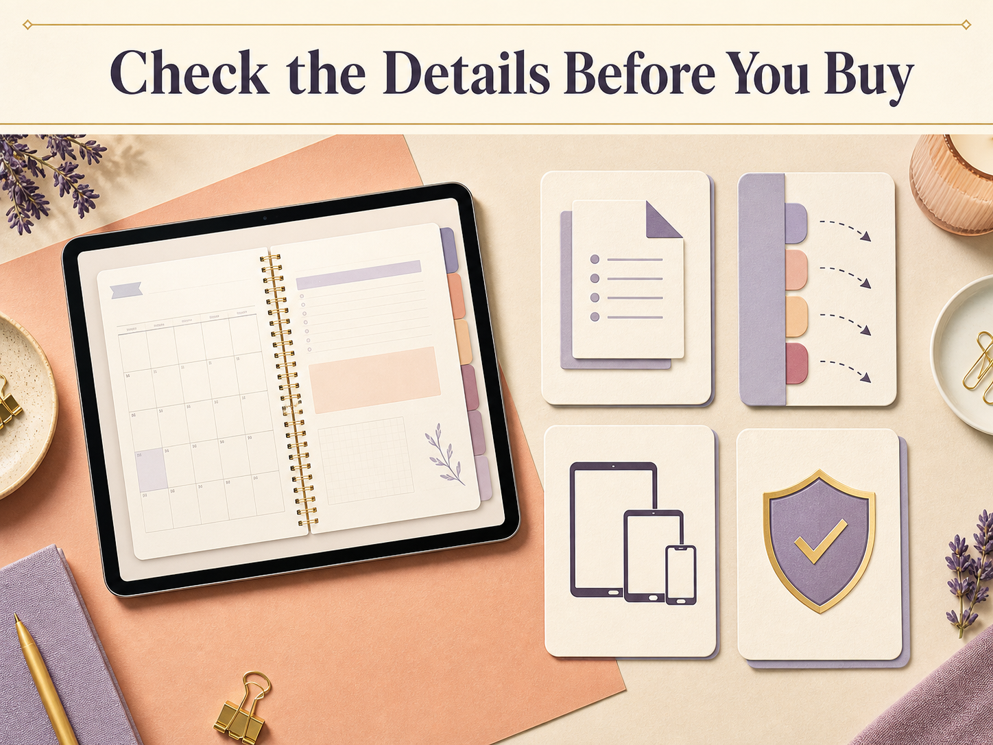 Digital planner selection visual showing file, navigation, device, and support checks before choosing a planner.