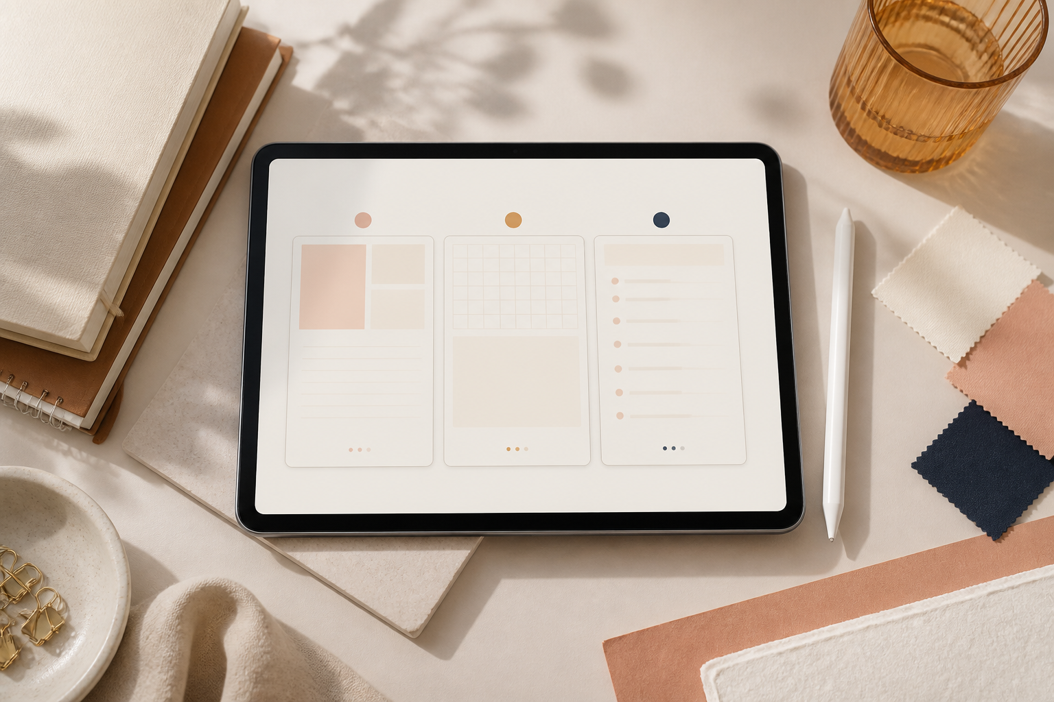 Tablet showing three visual layout choices for selecting a digital planner