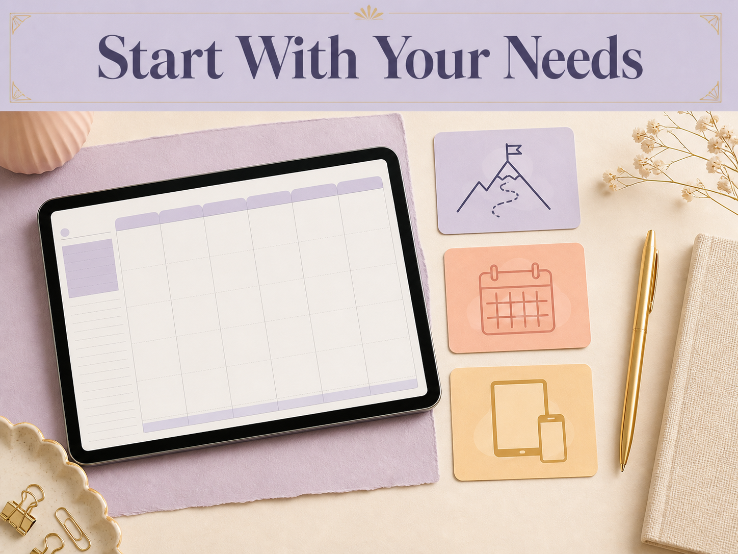 Digital planner selection visual showing a weekly planner, planning purpose, time period, and device choices.