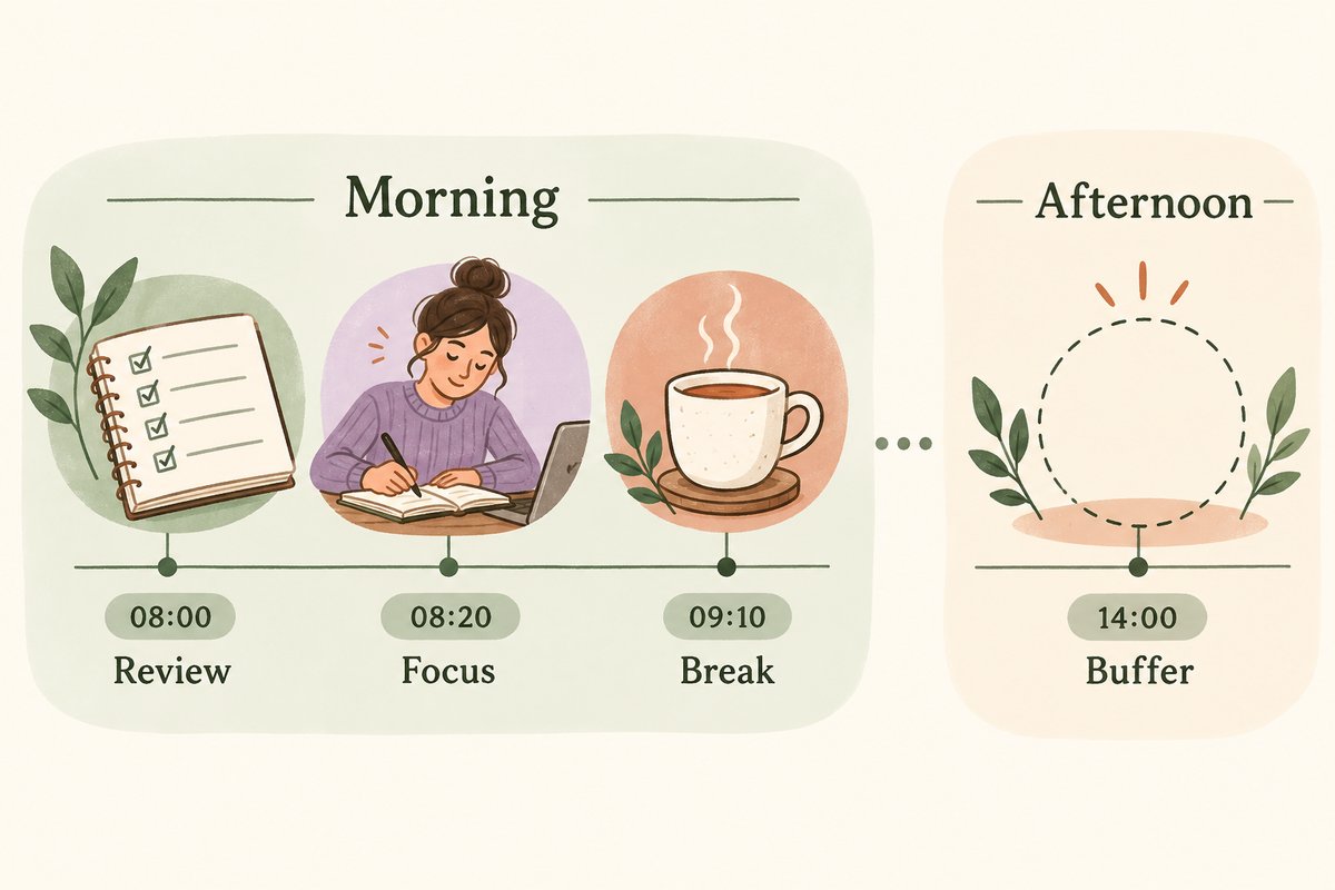 Daily planner for time blocking showing selected review, focus, break, and buffer checkpoints