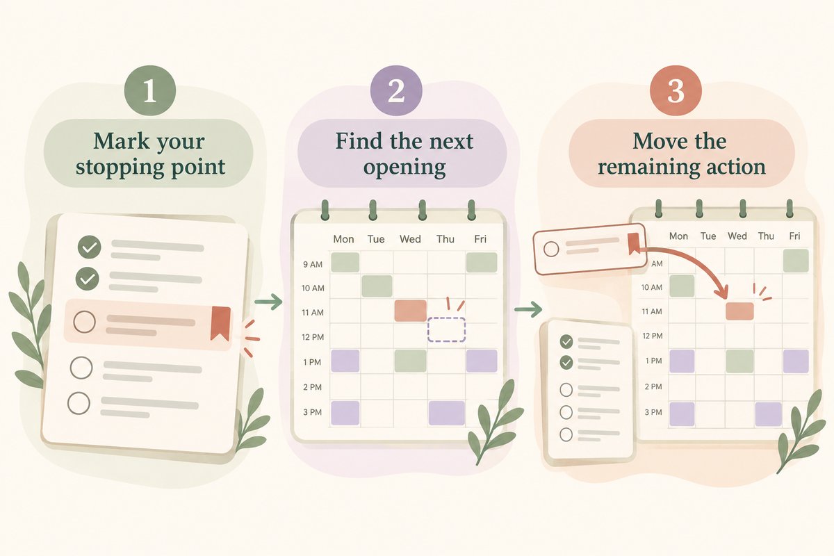 Three steps for rescheduling an interrupted time block: mark the stopping point, find an opening, and move the remaining action