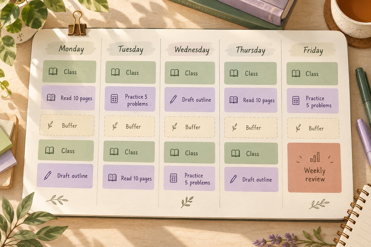 Example digital planner for college students with class, study, buffer and weekly review blocks