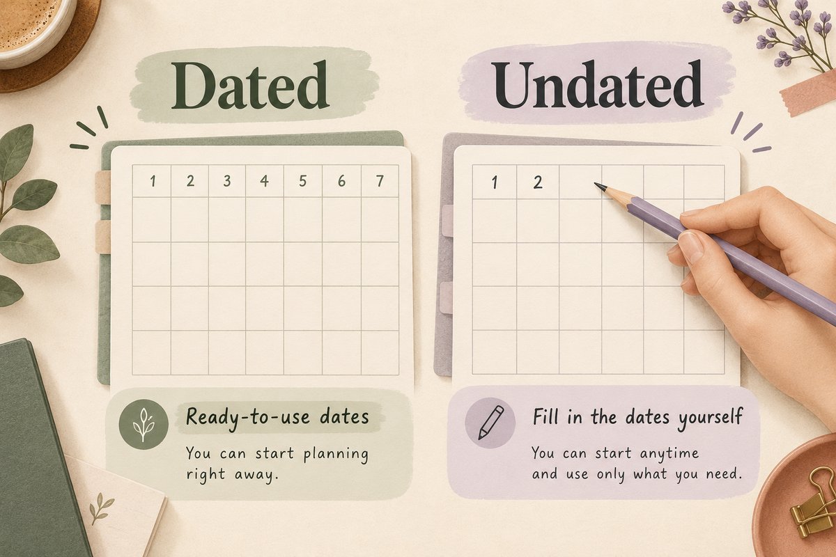 Digital planner templates comparison with prepared dates and fill-in dates