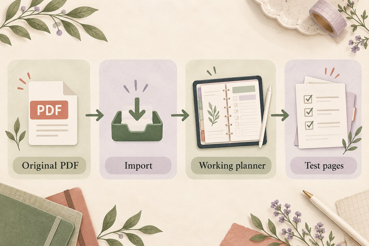 Generic digital planner for iPad workflow from original PDF through import to page testing