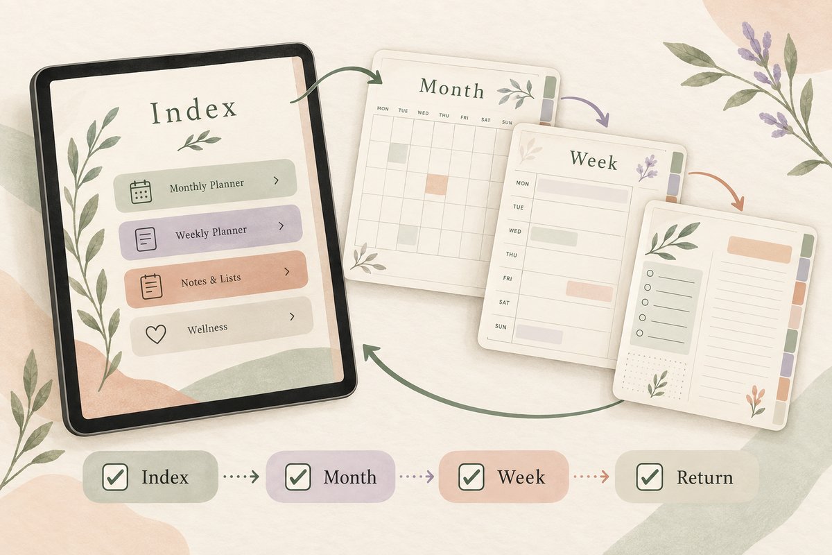 Planner hyperlink checklist covering index, month, week and return navigation
