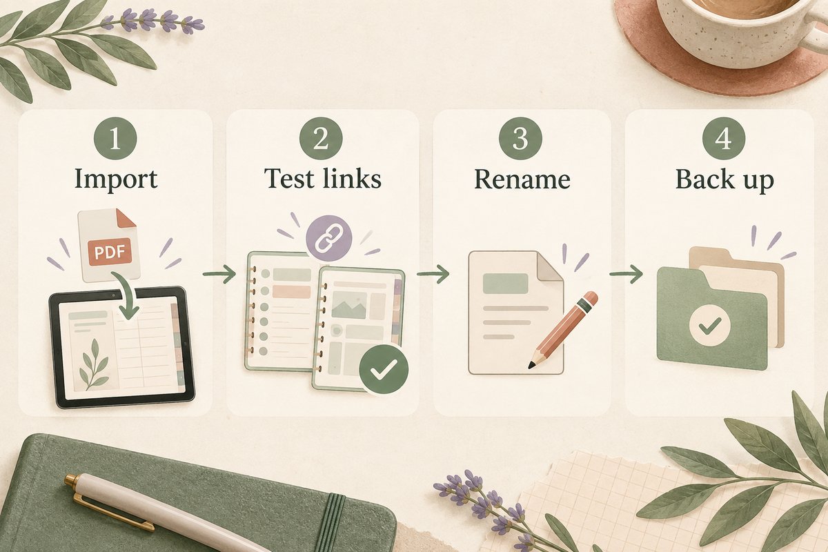 Hyperlinked digital planner setup checklist: import, test links, rename, and back up