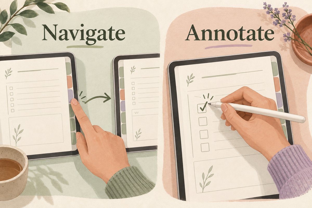Hyperlinked digital planner illustration comparing tab navigation with pen annotation