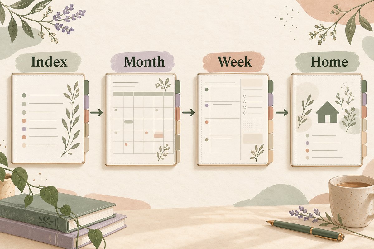 Digital planner templates with an illustrative index, month, week, and home navigation route