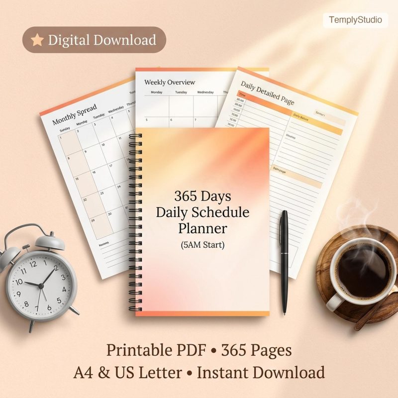 365 day daily schedule planner cover – spiral notebook mockup with clock and coffee