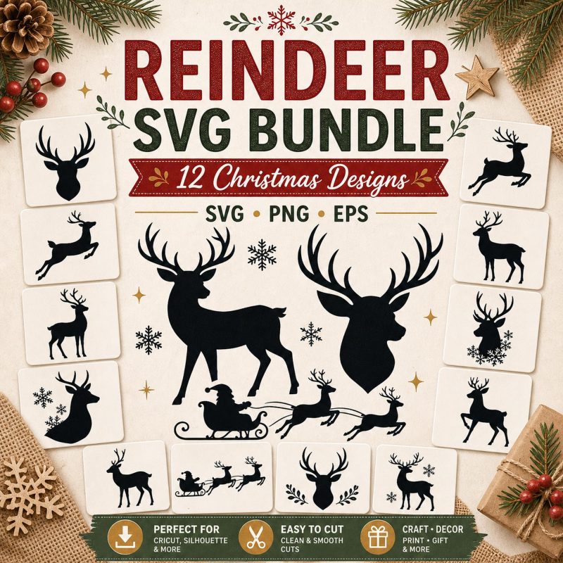 12 Reindeer Silhouette SVG Bundle