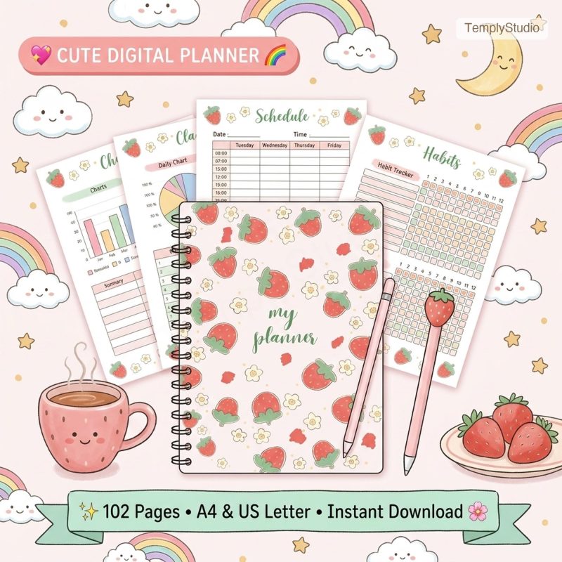 Cute Strawberry Digital Planner for Students