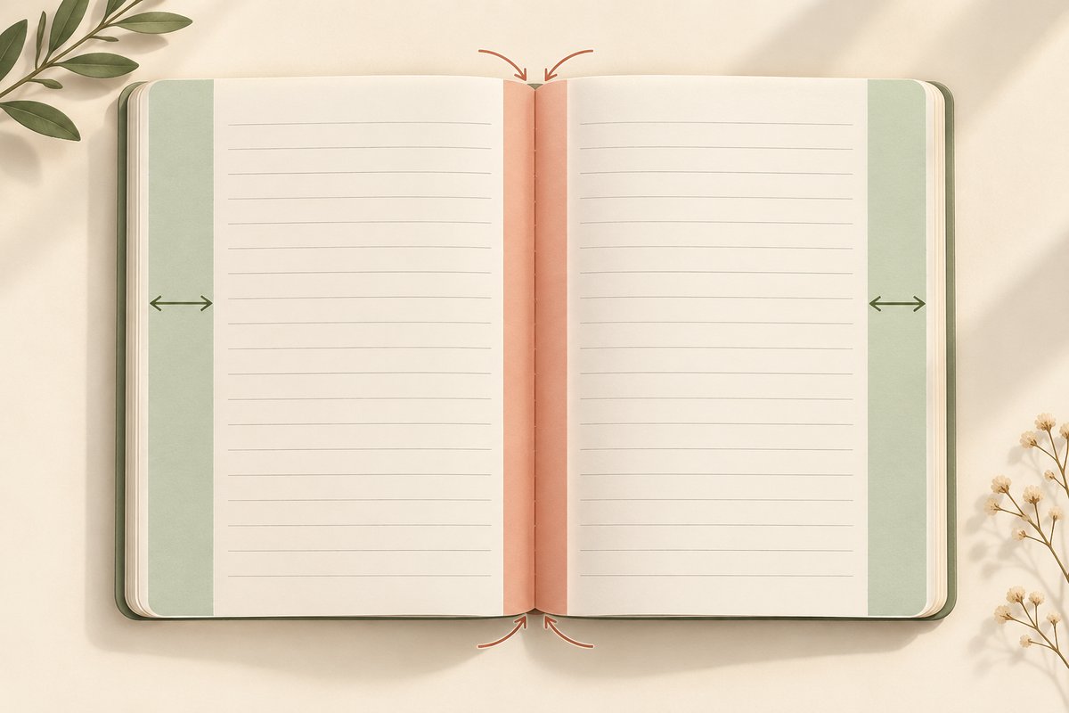 Facing KDP journal interior pages with gutter and outer margins