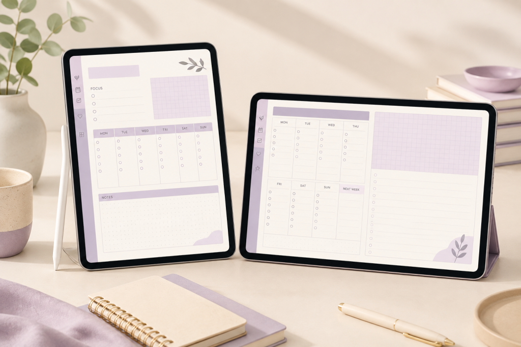 Digital planner portrait vs landscape layouts compared side by side.