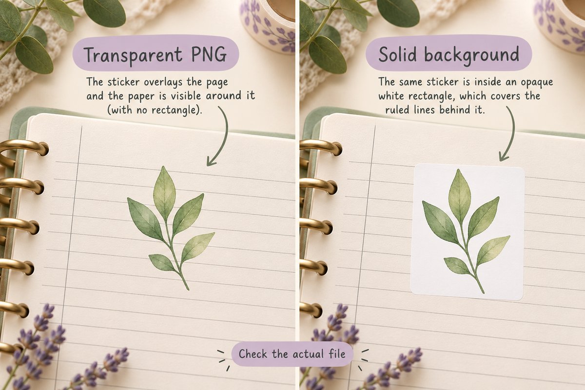 Transparent leaf sticker versus an opaque white rectangle on a ruled planner page