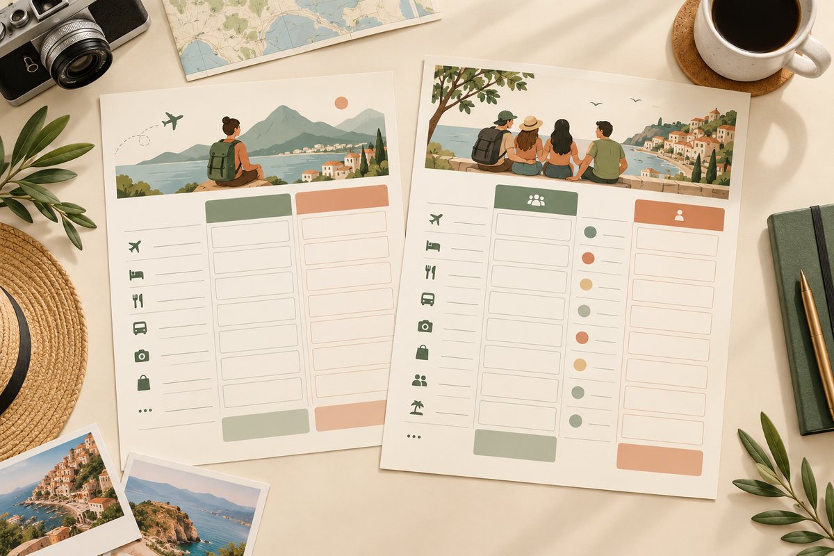 Single-trip and group travel expense tracker layouts compared