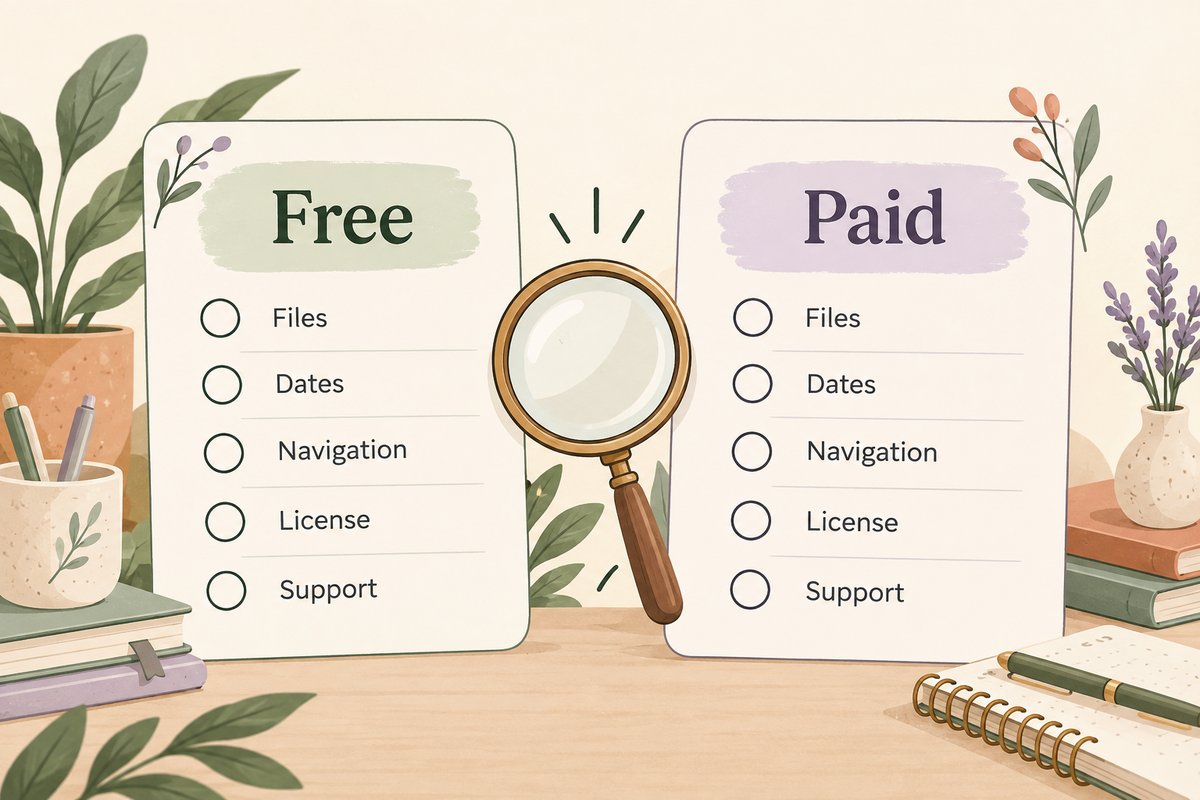 Free vs paid digital planner illustration comparing files, dates, navigation, license and support