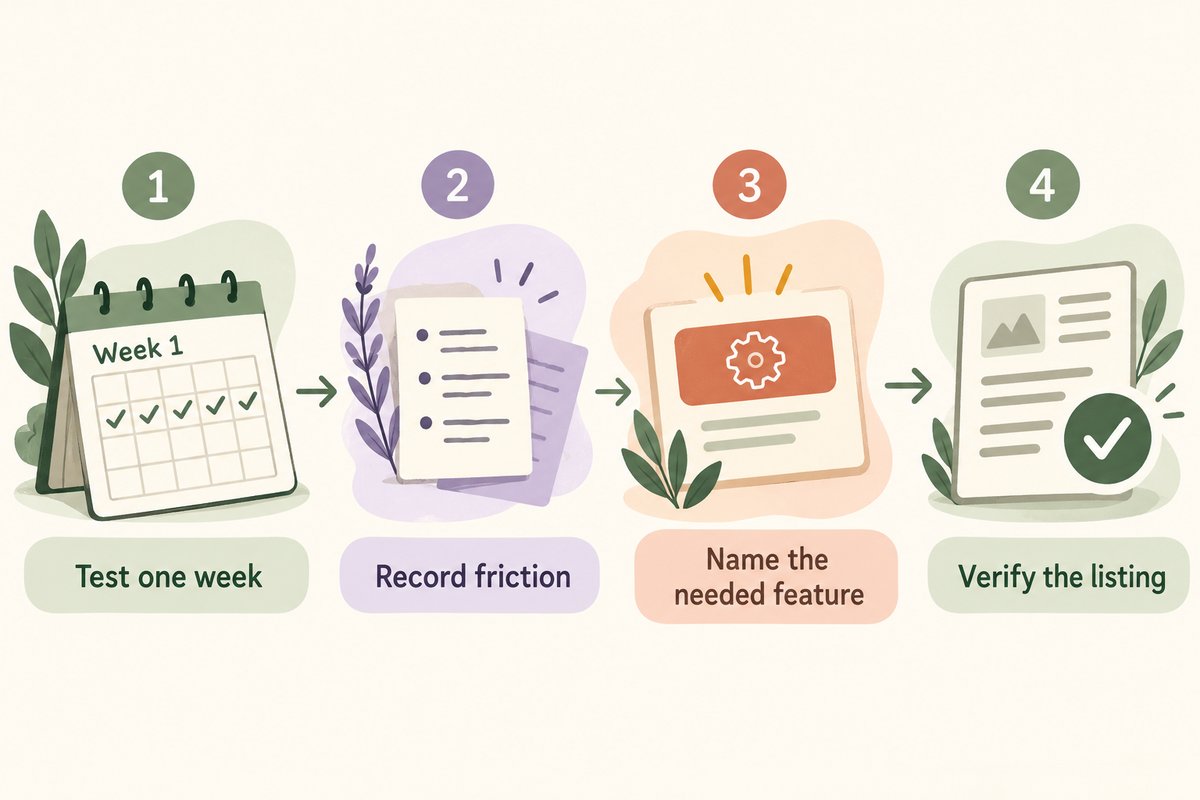 Four-step planner decision: test one week, record friction, name the needed feature and verify the listing