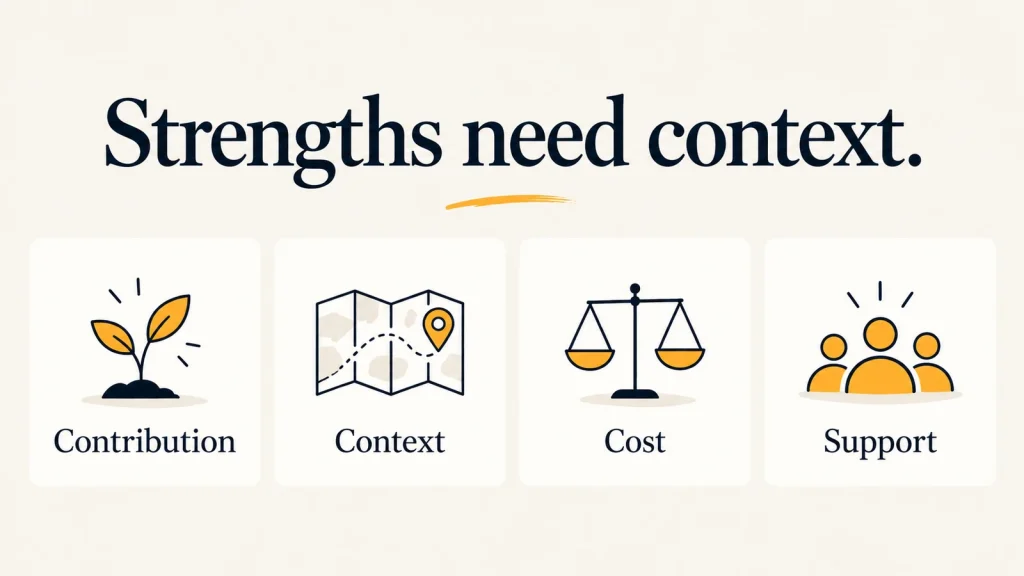 ADHD advantages reflection cards connecting a useful contribution with its context, cost and support needs.