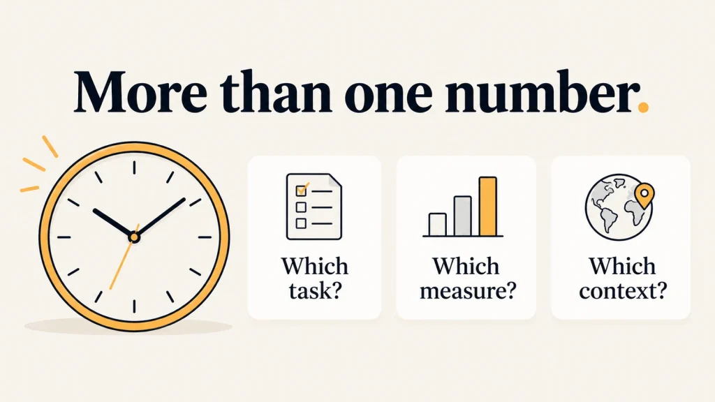 ADHD attention span: a clock beside three questions about the task, measure and context behind an attention-span claim.