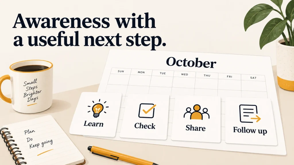 ADHD Awareness Month planning sheet with four steps labelled learn, check, share and follow up.