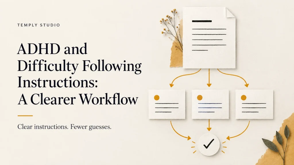 ADHD difficulty following instructions is illustrated by a source document, three action cards, and a final confirmation check.