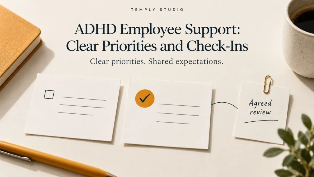 ADHD employee support is illustrated by two assignment cards, one priority decision, and an agreed review note.
