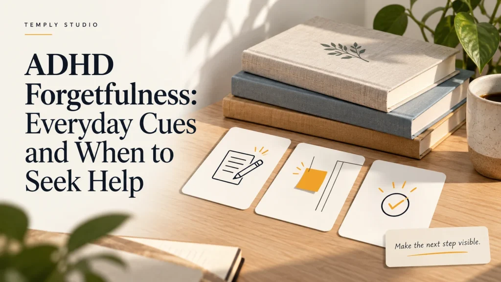ADHD forgetfulness is represented by borrowed books and three reminder cards for capture, cue, and confirmation.