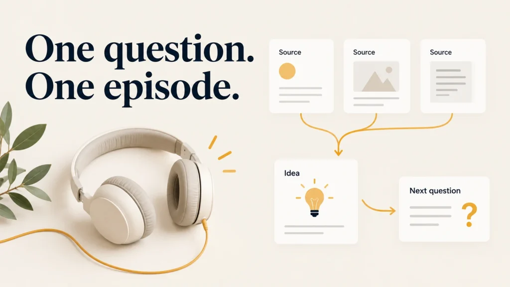 ADHD podcasts: headphones beside three resource cards and a listening note with a question and source link.
