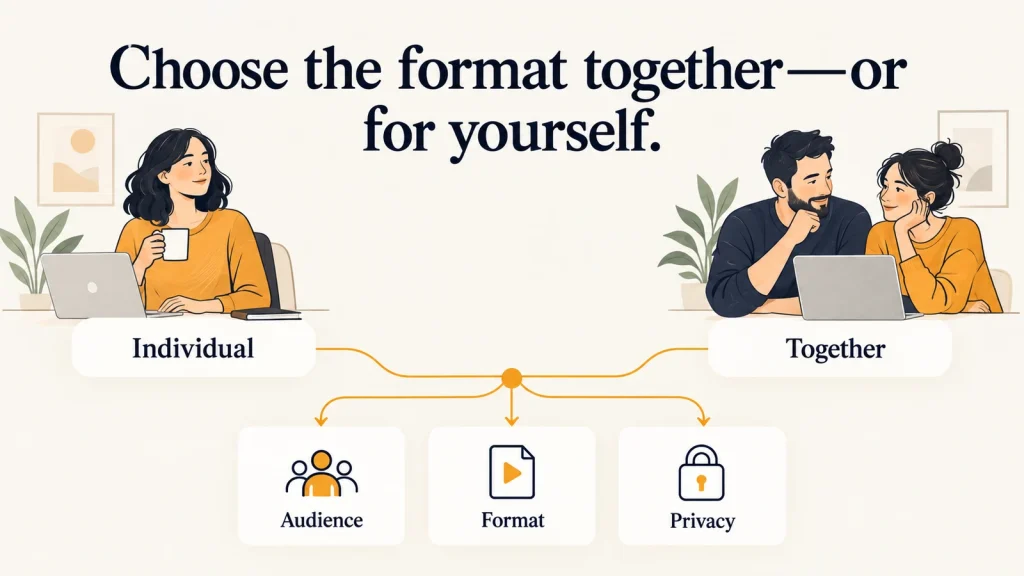 ADHD spouse support group guide: two paths labelled individual and together leading to audience, format and privacy questions.