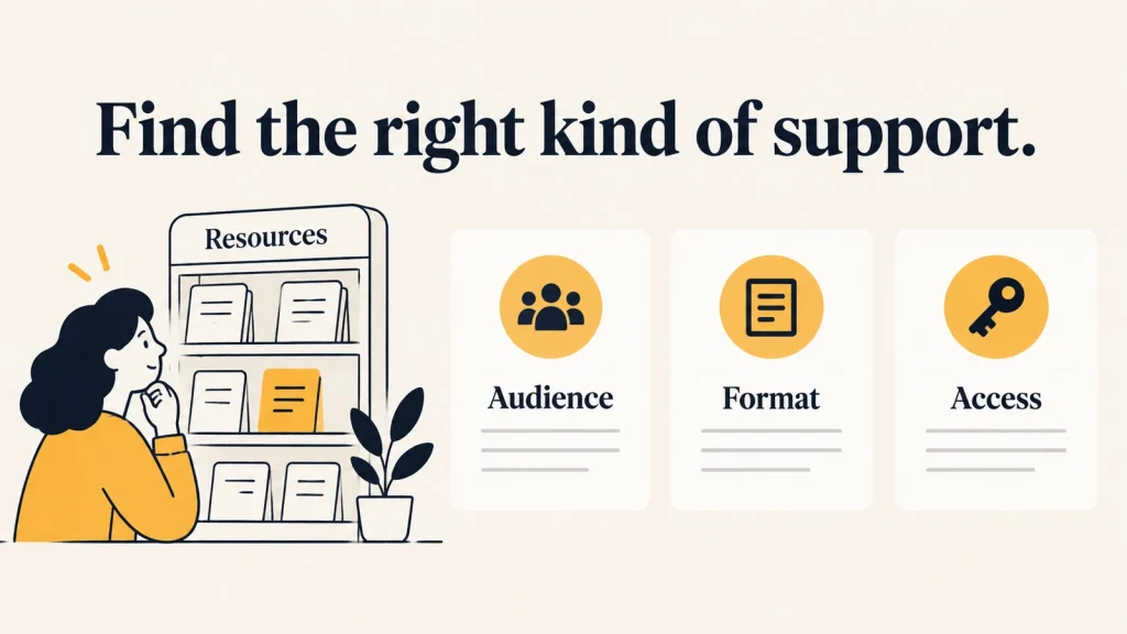 ADHD support groups: a resource directory beside three cards labelled audience, format and access.