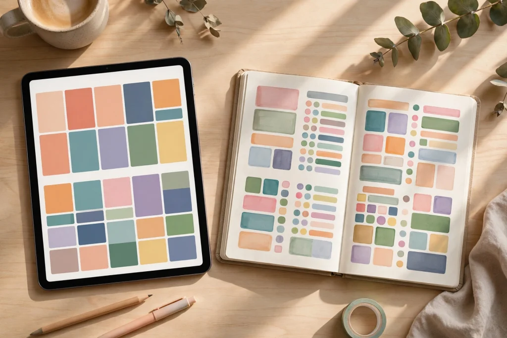 digital planner vs paper planner comparison on tablet and paper notebook