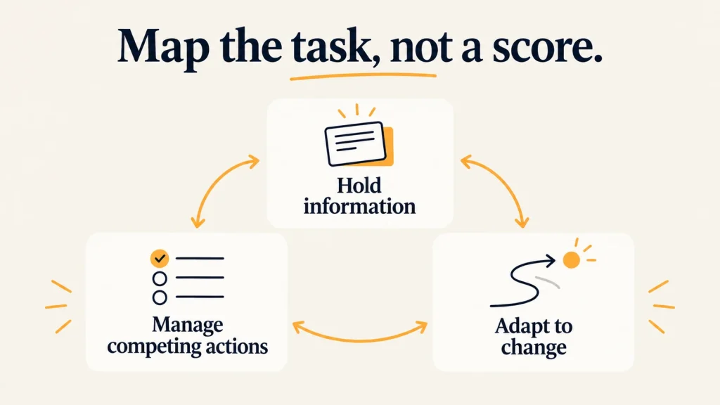 Executive skills task map connecting required information, competing actions and changes to three support notes.