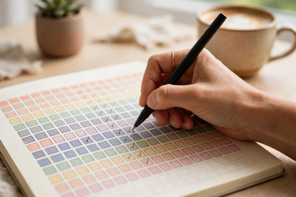 How to use a habit tracker journal with daily checkboxes and pen