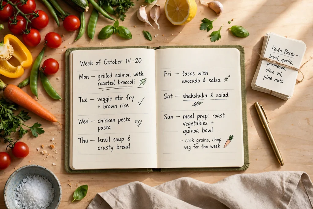 Digital meal planning weekly layout with fresh vegetables and recipe planner