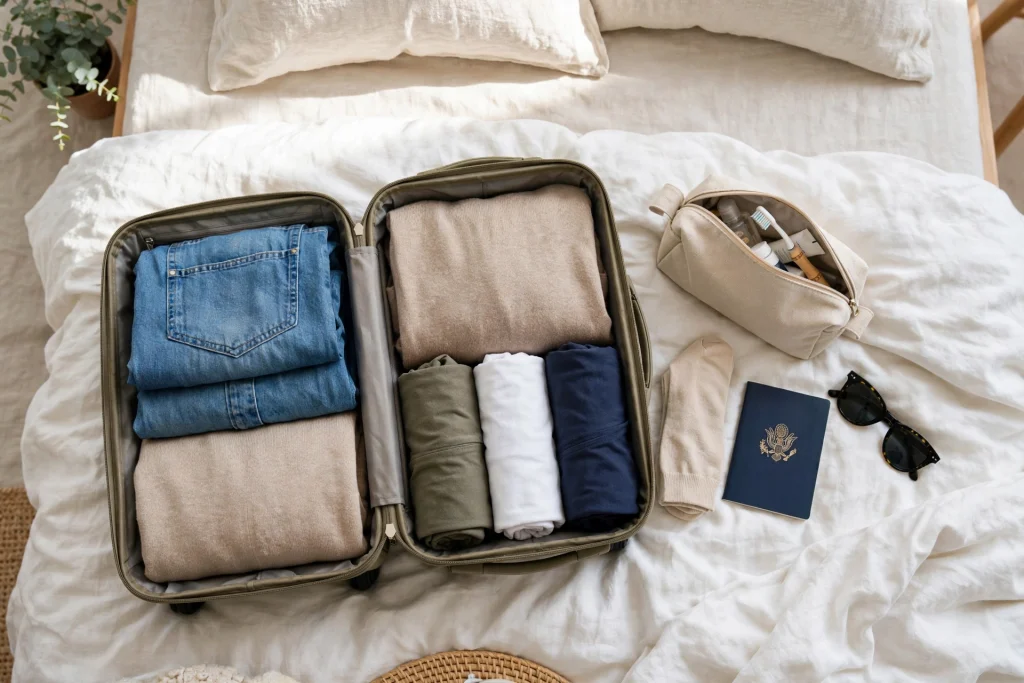 Travel packing checklist with open suitcase and neatly folded clothes