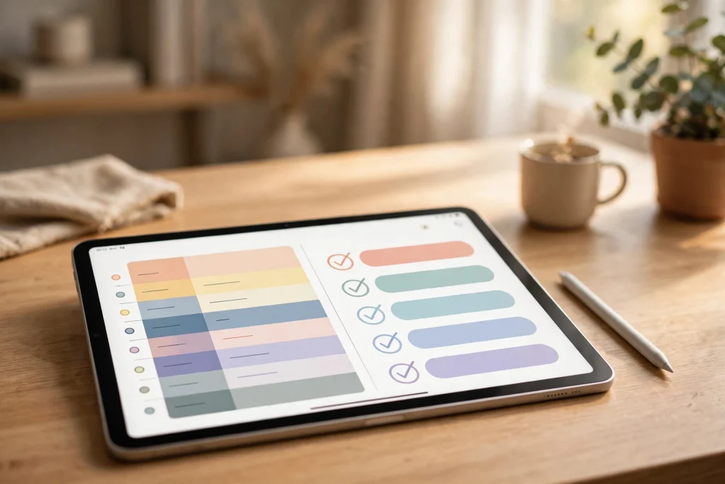 Digital planner for ADHD open on a tablet showing a daily time-blocked schedule and habit tracker
