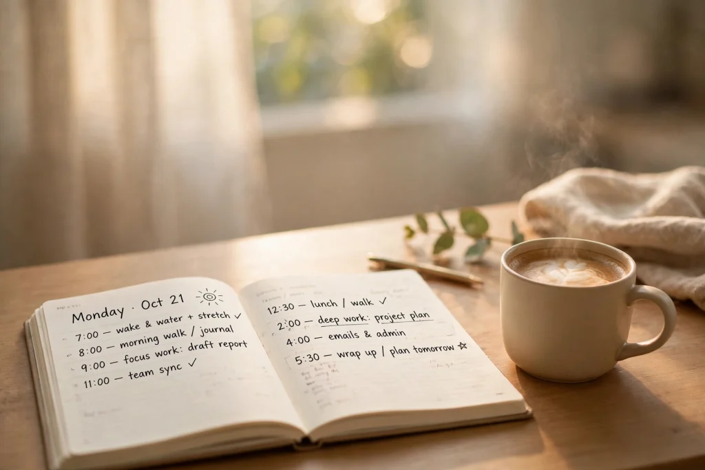How to plan your day: daily planner page with the 3-3-3 method on a tidy desk