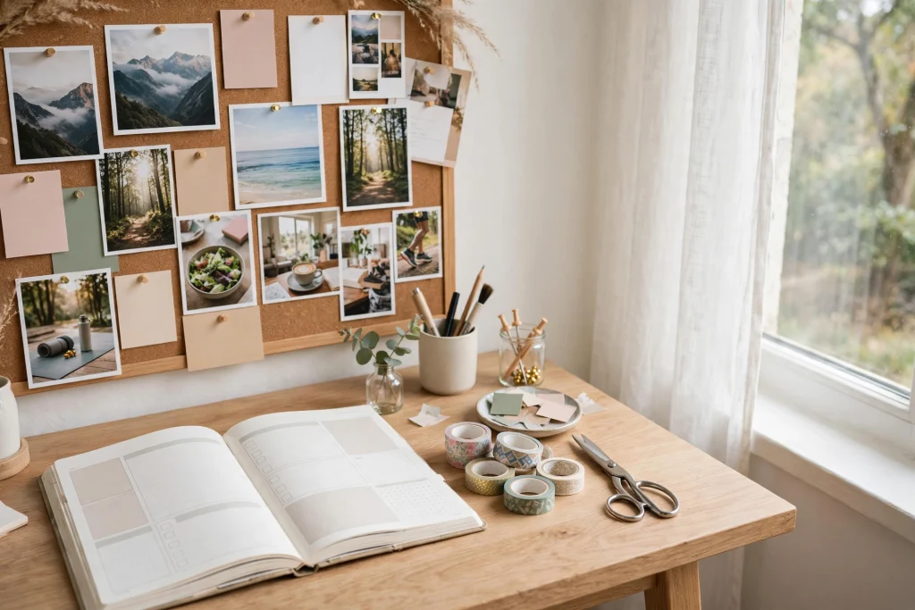 Vision board planner with goal-setting pages and inspiring photos on a desk