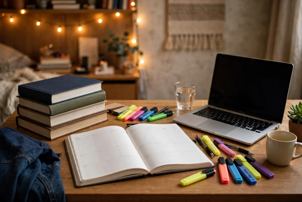 College study planner guide: student organizing classes and exams in a planner
